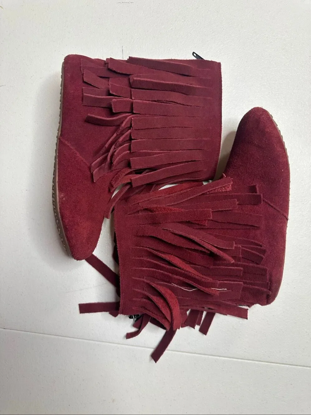 Monkey Feet Girls Burgundy Zip Up Suede Double Fringe Boots Size 5-6Y